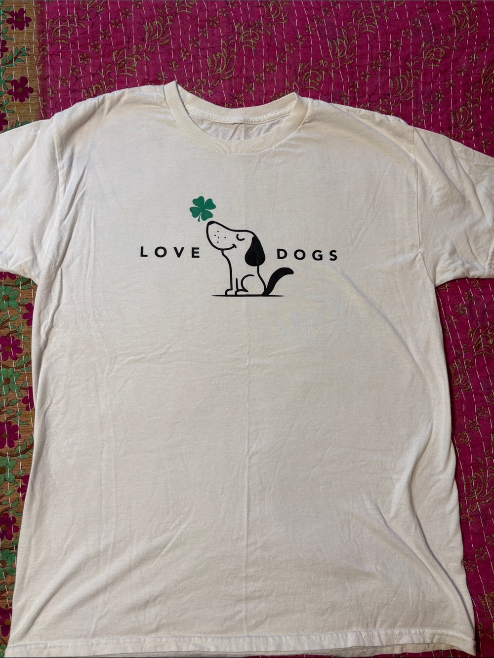 Love Dogs White Graphic Tee with Green Clover Large